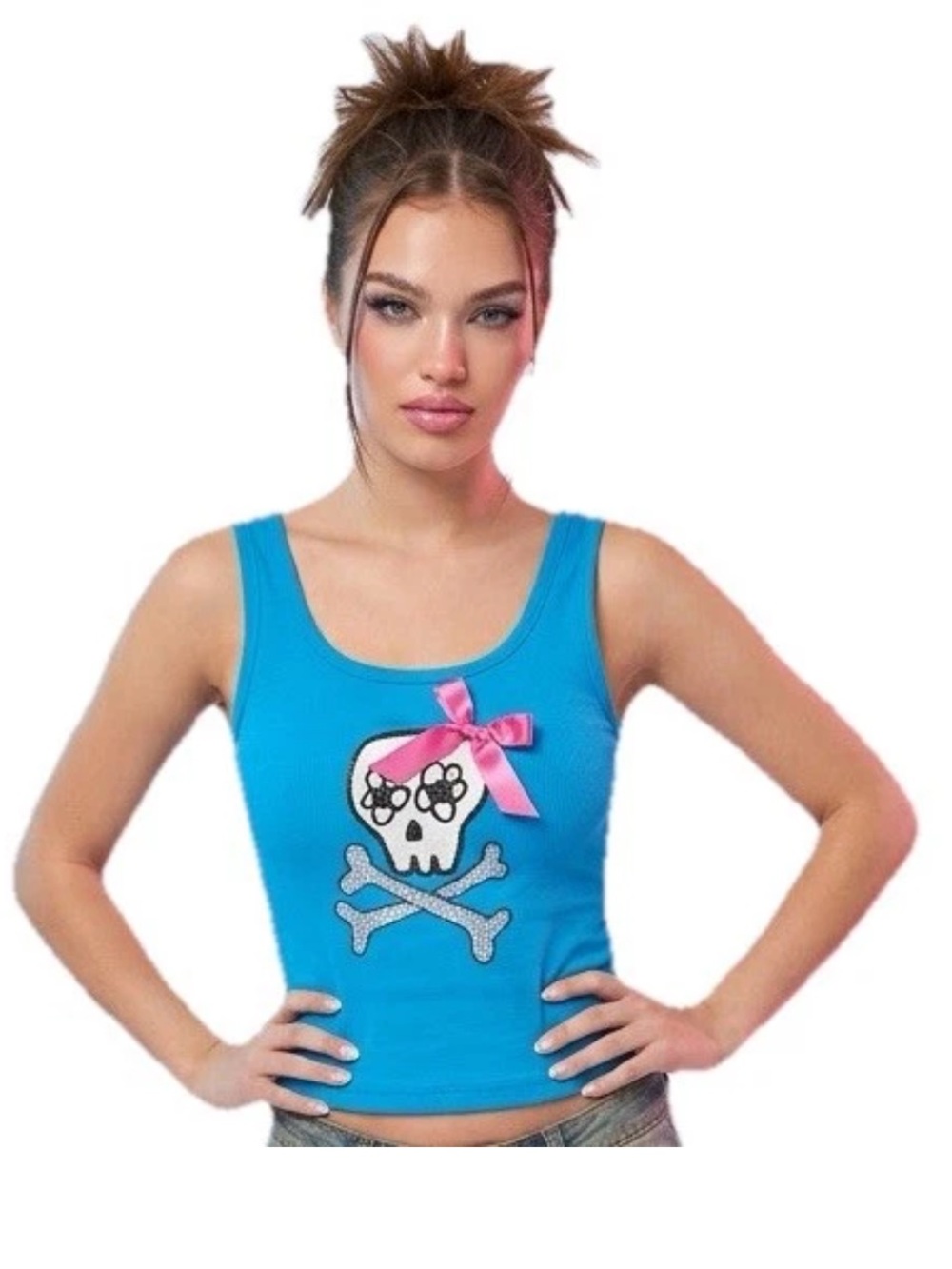 Victoria Secret Bedazzled Ribbon Blue Tank Top Girly Skull Bones Size M Y2k Rock
